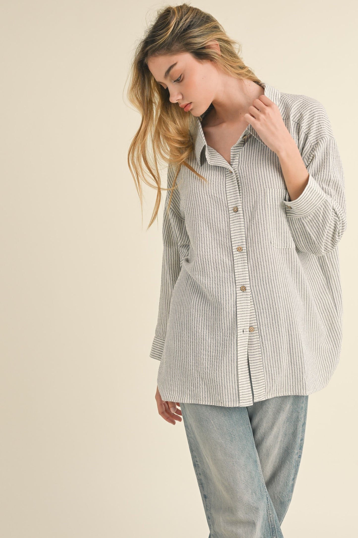 STRIPE GAUZE BUTTON DOWN SHIRT