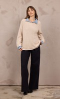 L. TAUPE SWEATER W DENIM COLLAR CUFF