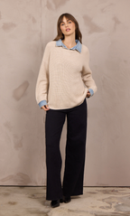 L. TAUPE SWEATER W DENIM COLLAR CUFF