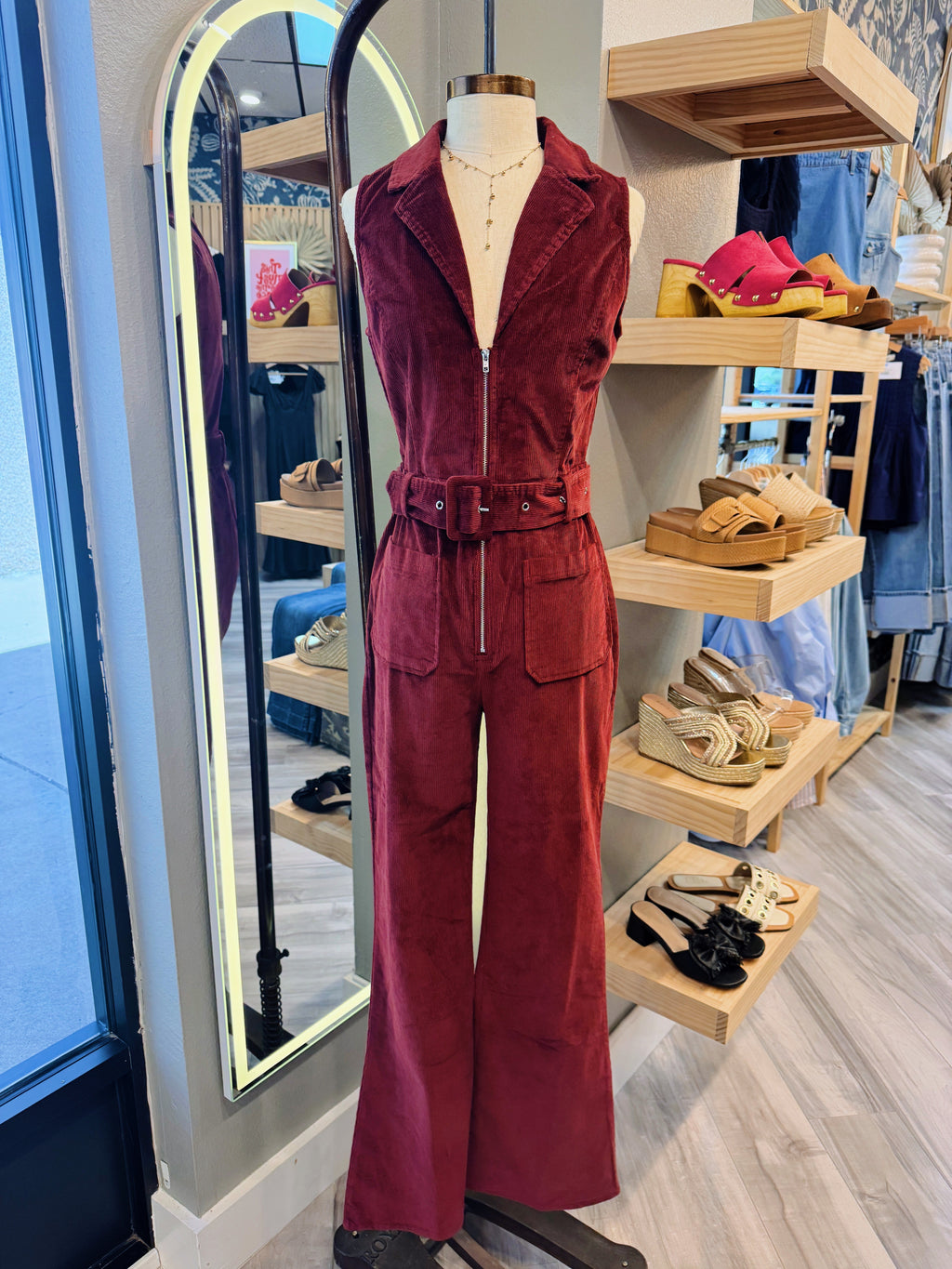 RETRO WINE SLEEVELESS CORDUROY JUMPSUIT W/ BELT