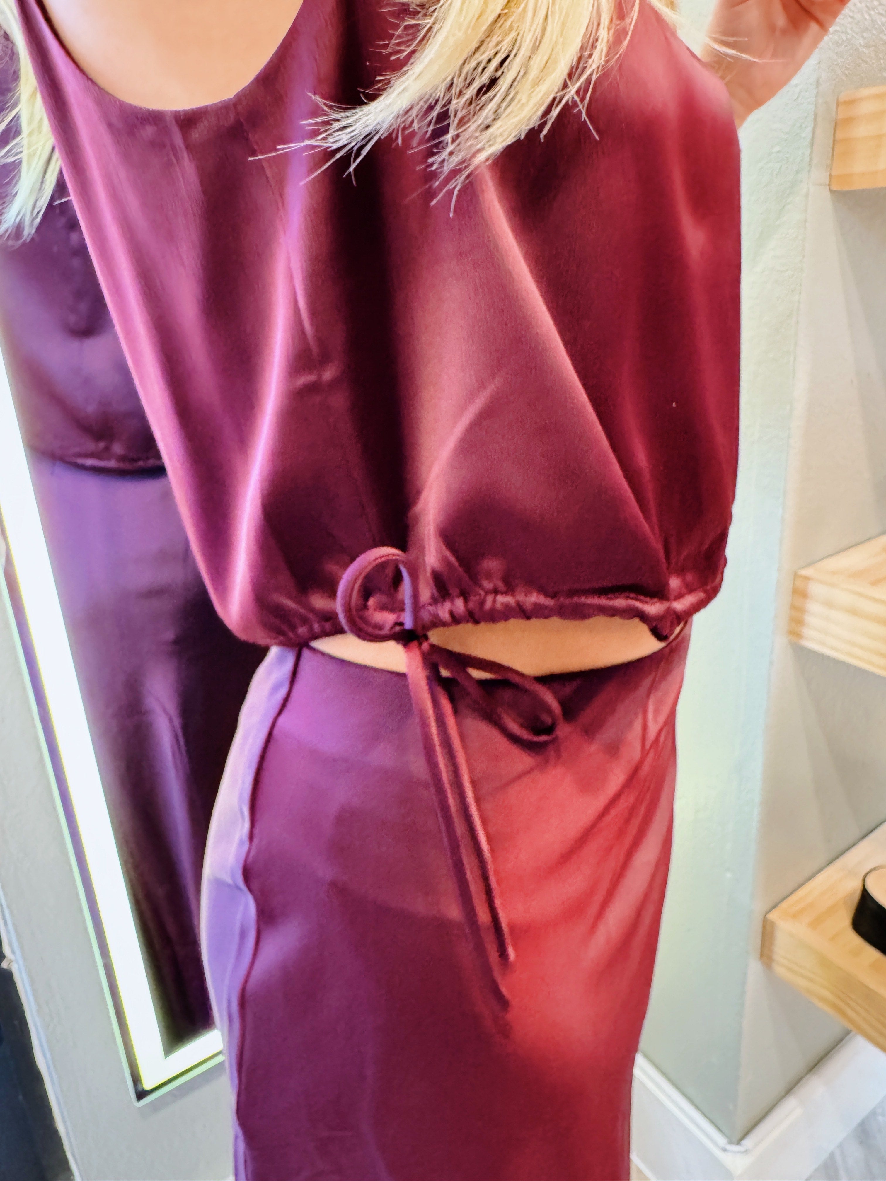 WINE SATIN TANK & SKIRT SET