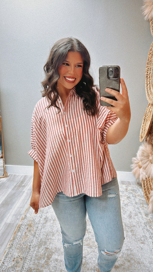 OVERSIZED BUTTON DOWN STRIPPED SHIRT RED AND WHITE
