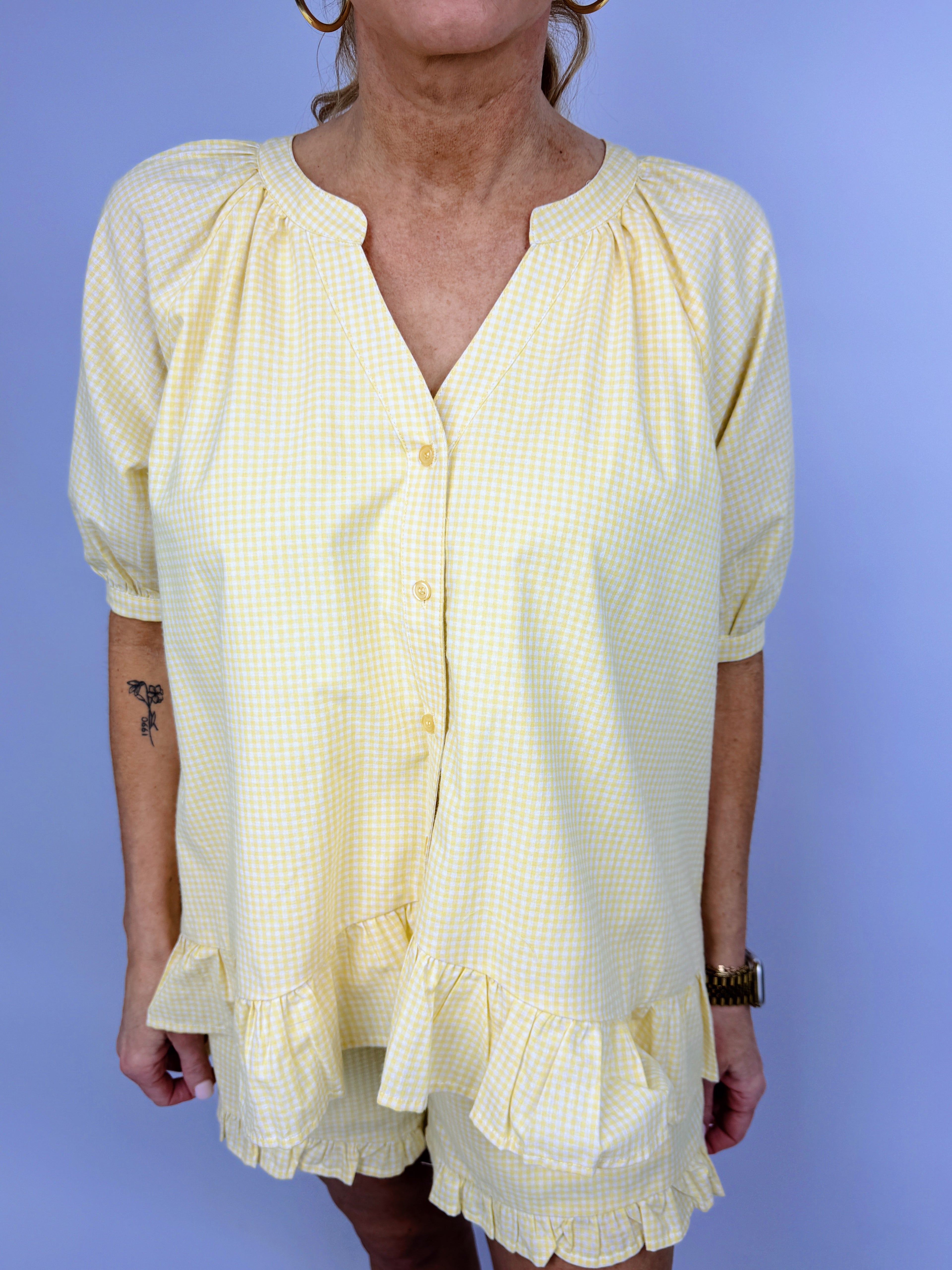 YELLOW GINGHAM BUTTON DOWN BLOUSE