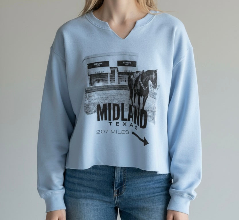 OFF TO MARFA BLUE CROPPED V NECK CREWNECK