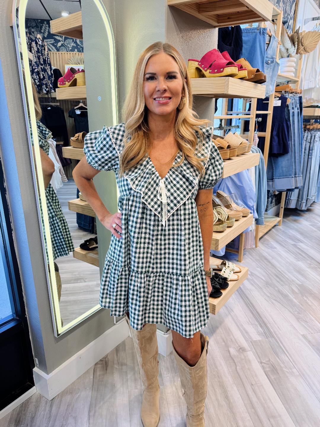 GREEN GINGHAM GIGI MINI DRESS