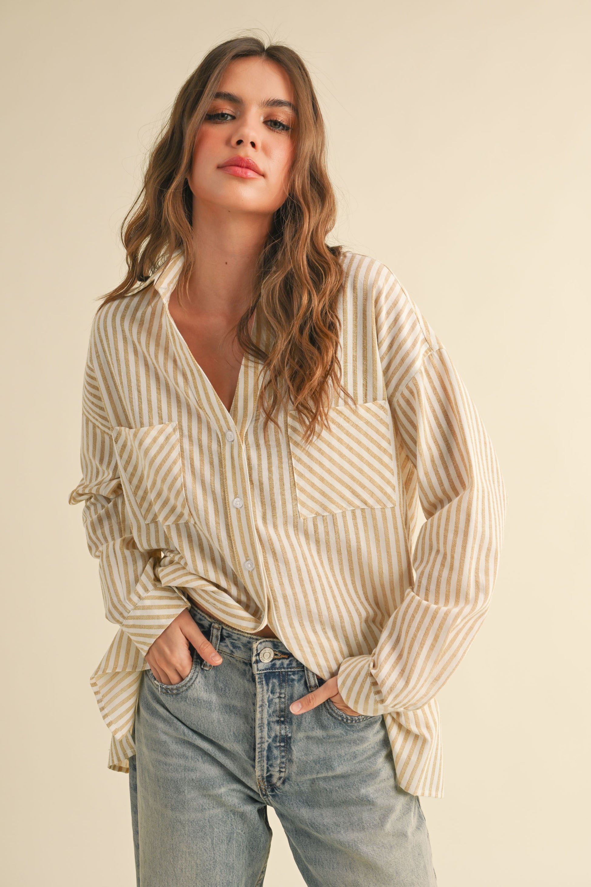 MUSTAND AND WHITE STRIPED BUTTON DOWN