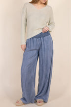 BLUE TENCEL PANTS W/ SMOCKED WAIST