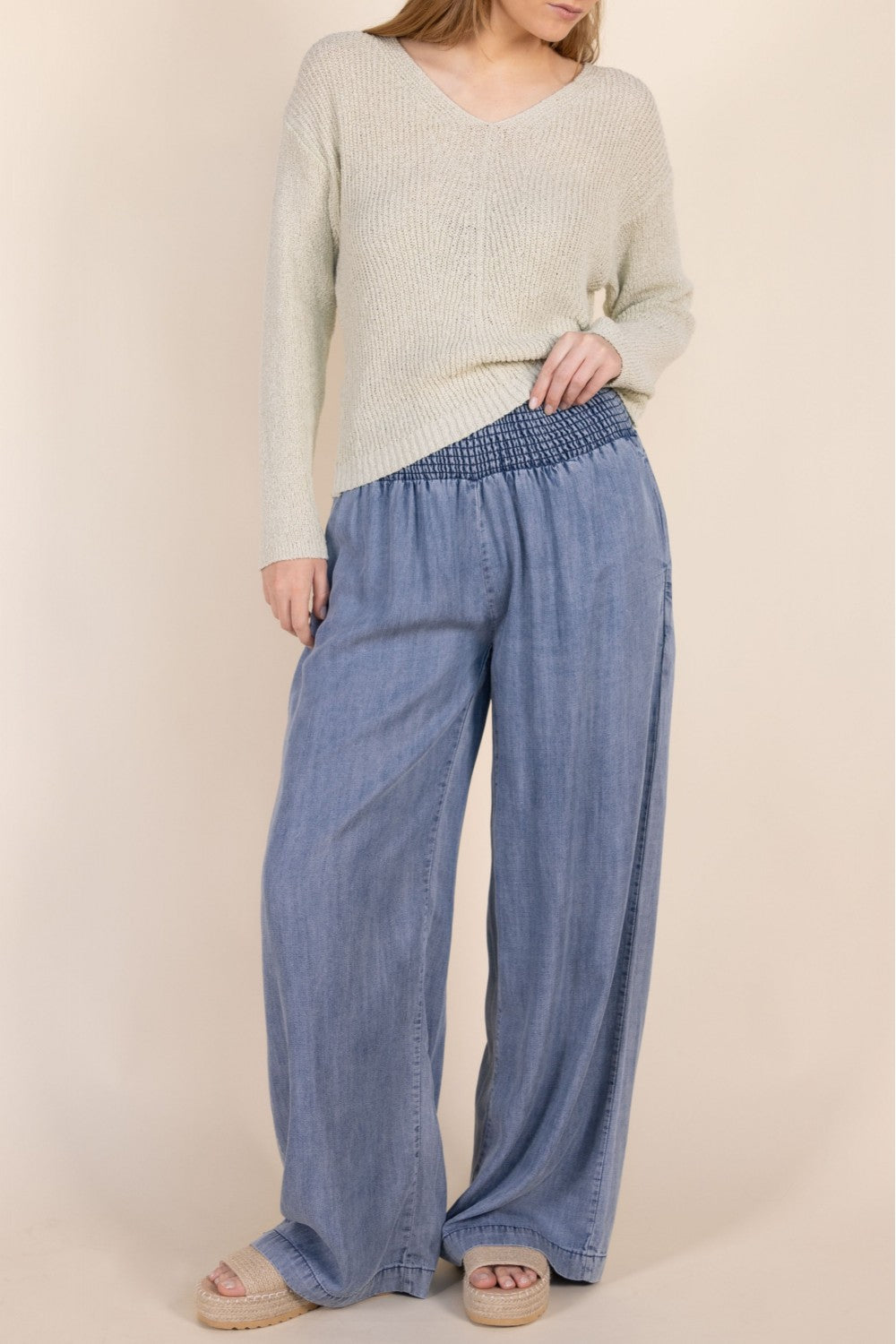 BLUE TENCEL PANTS W/ SMOCKED WAIST