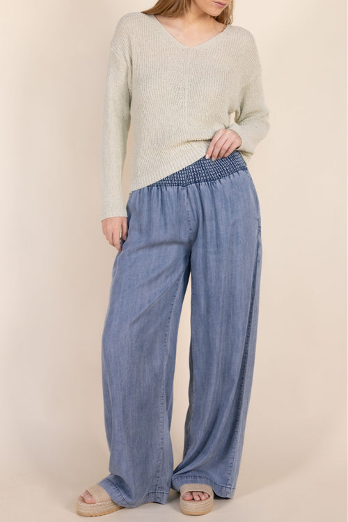 BLUE TENCEL PANTS W/ SMOCKED WAIST