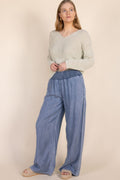 BLUE TENCEL PANTS W/ SMOCKED WAIST