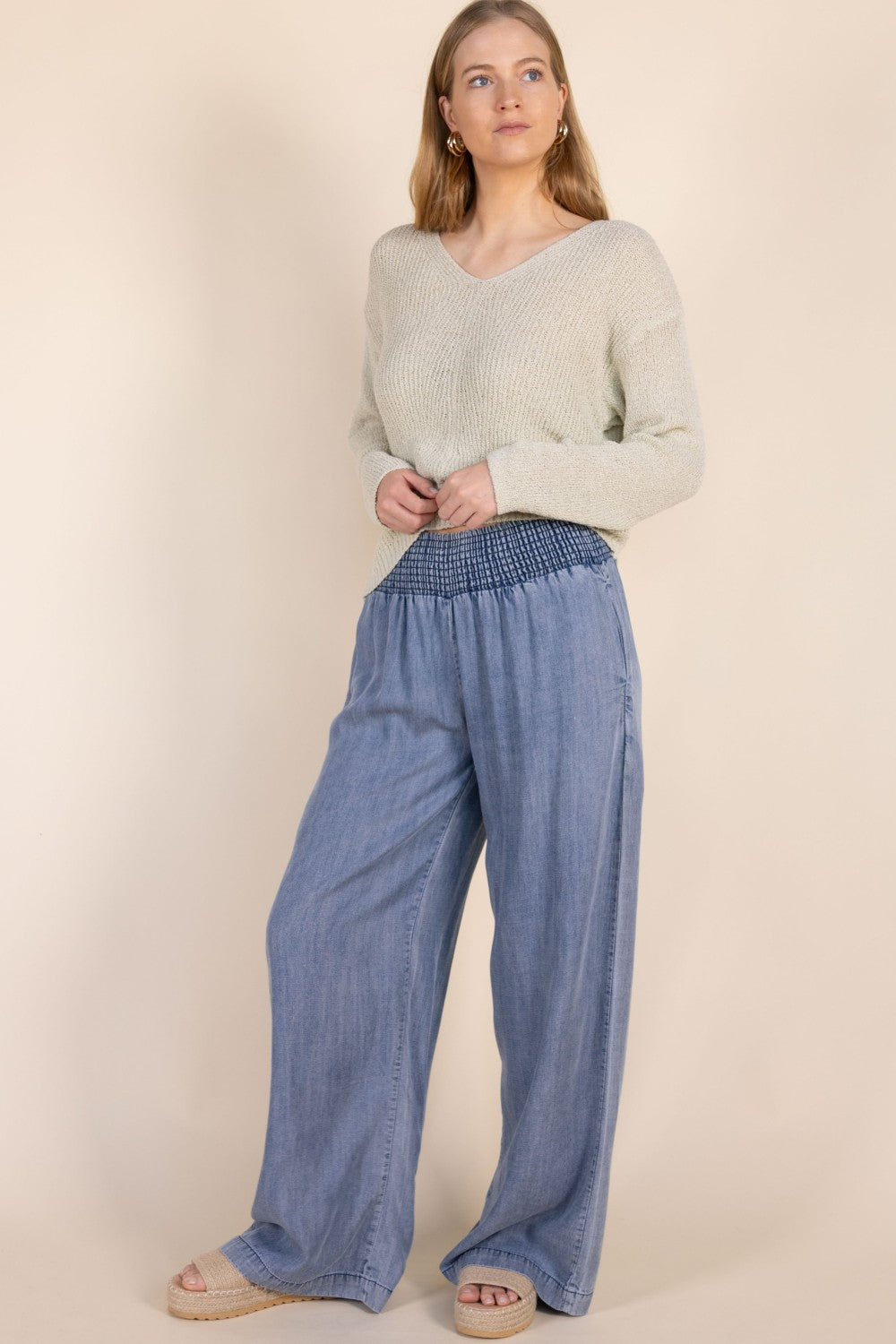 BLUE TENCEL PANTS W/ SMOCKED WAIST