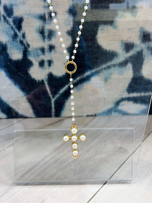 LARIAT PEARL CROSS NECKLACE