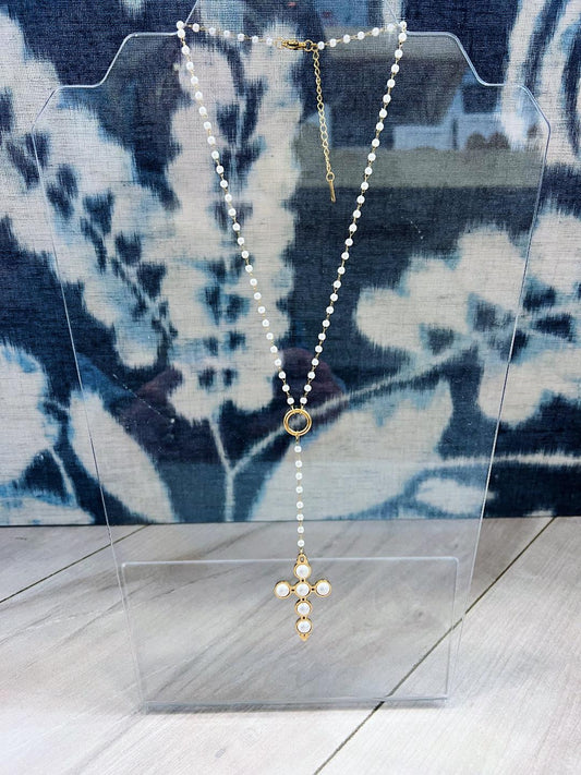 LARIAT PEARL CROSS NECKLACE