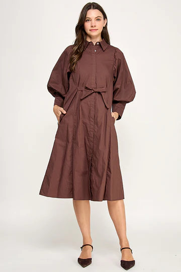 BIG PUFF LONG POPLIN DRESS (BROWN)