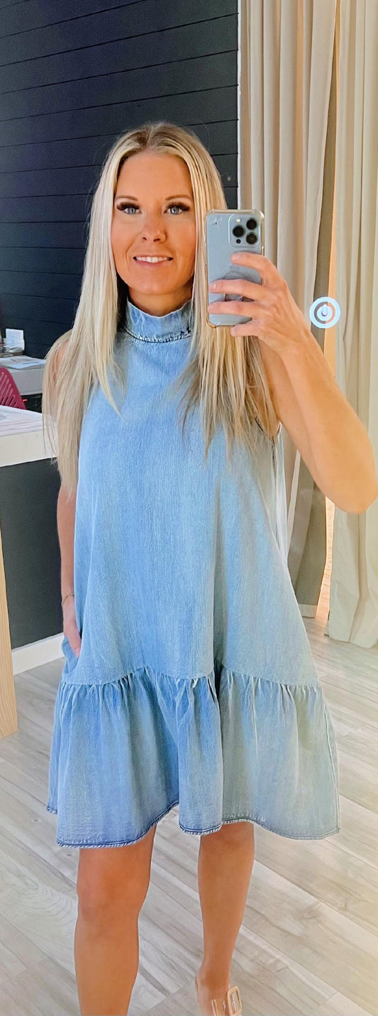 RUFFLE DENIM JEAN DRESS