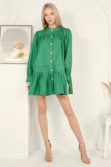 PINE GREEN PLEATED SKIRT DRESS