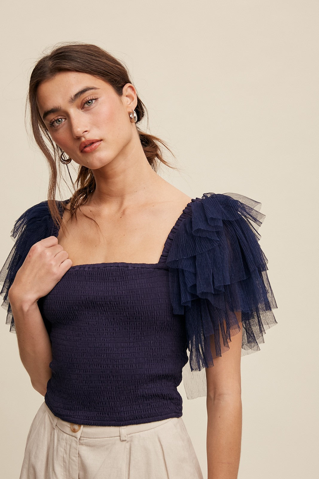 SMOCKED RUFFLE CROP TOP