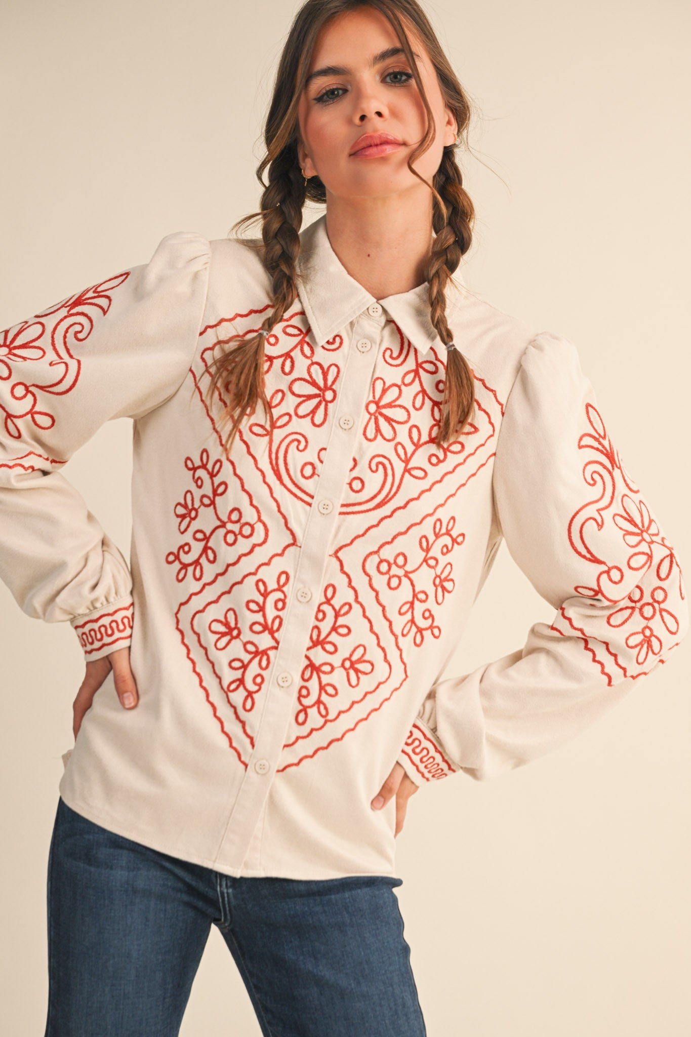 SUEDE EMBROIDERED BUTTON UP