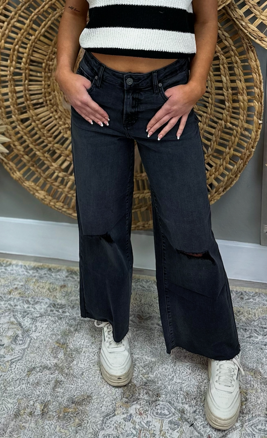 HIDDEN BLACK RAW HEM WIDE LEG JEANS