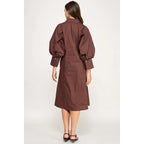BIG PUFF LONG POPLIN DRESS (BROWN)