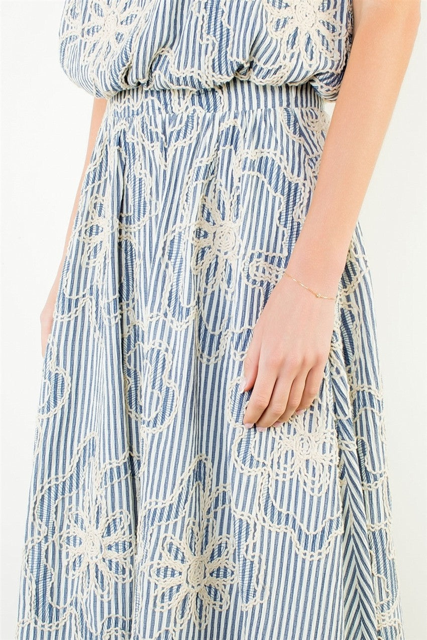 BLUE FLORAL EMBROIDERED MIDI SKIRT