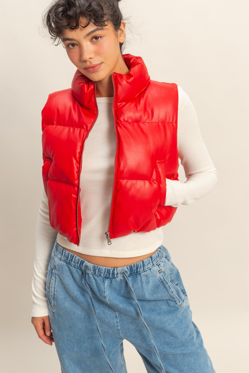 FAUX LEATHER CROPPED PUFFER VEST