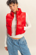 FAUX LEATHER CROPPED PUFFER VEST