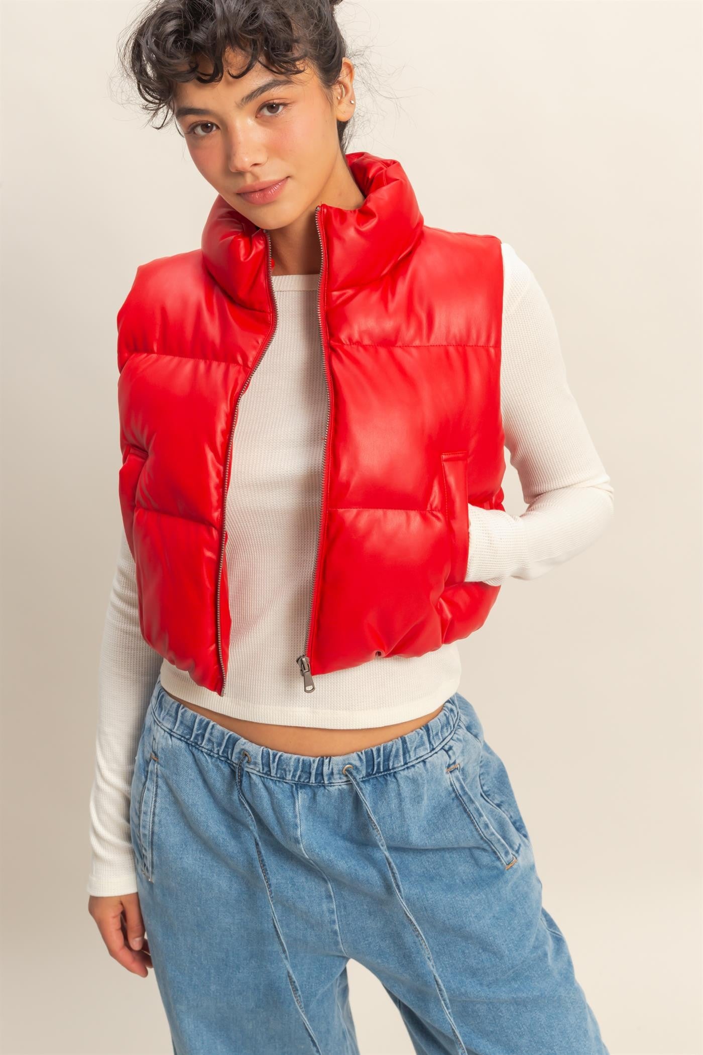 FAUX LEATHER CROPPED PUFFER VEST