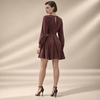 VNECK PLEATED LS MINI DRESS (WINE)