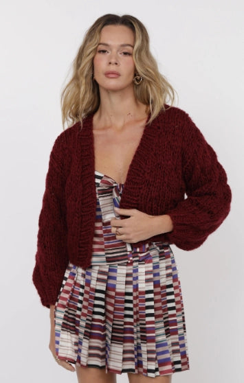 DEEP WINE KNIT CHUNKY CARDIGAN