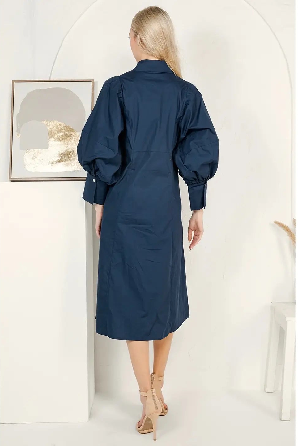 BIG PUFF LONG POPLIN DRESS (NAVY)