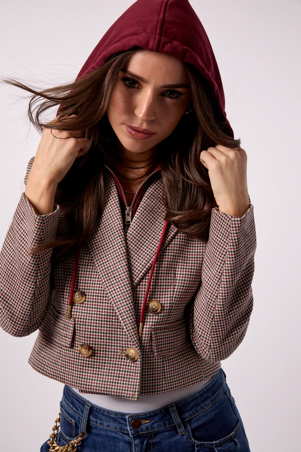 SKYE CROPPED BLAZER IN MAROON HOUNDSTOOTH