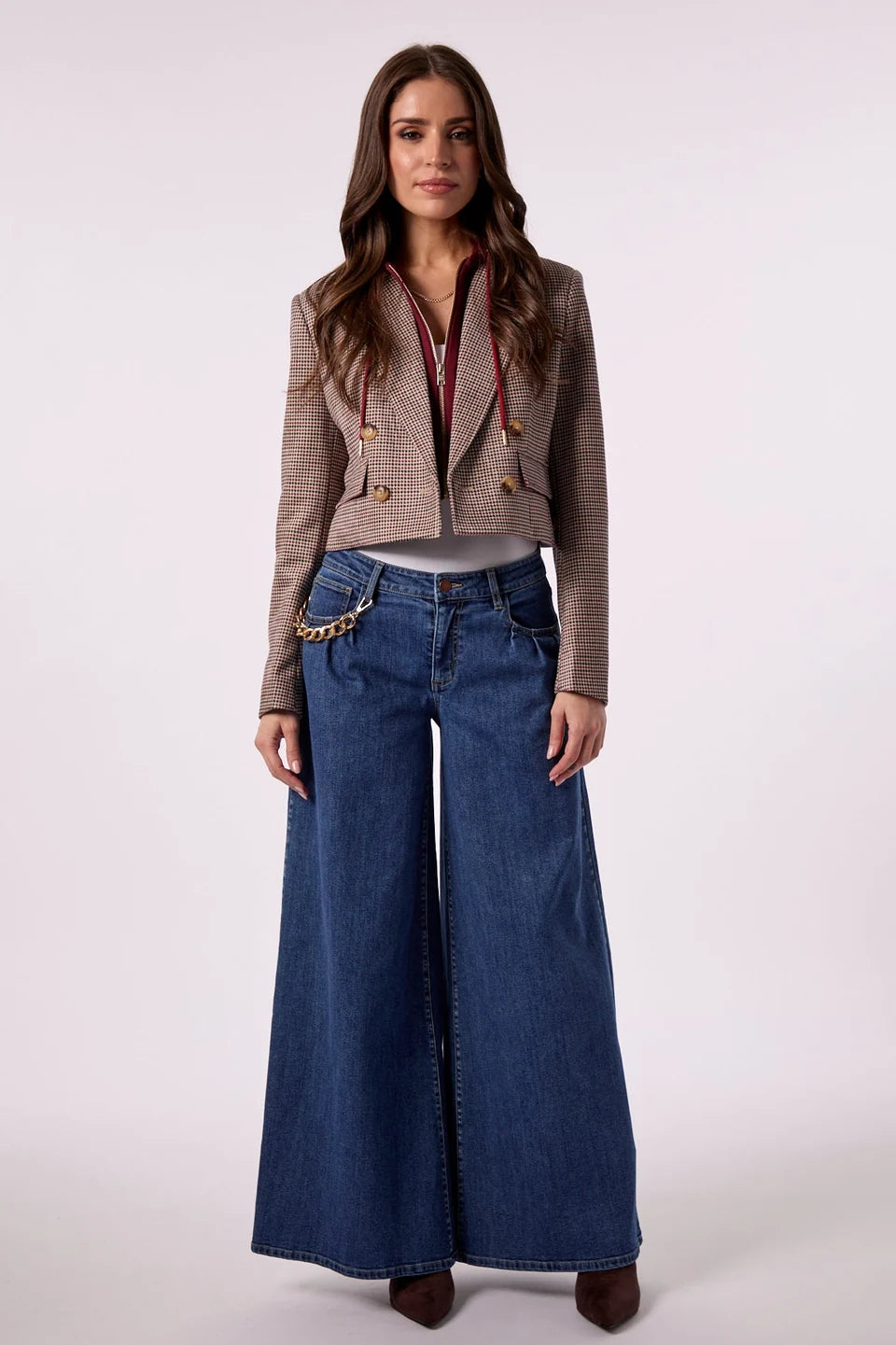 SKYE CROPPED BLAZER IN MAROON HOUNDSTOOTH