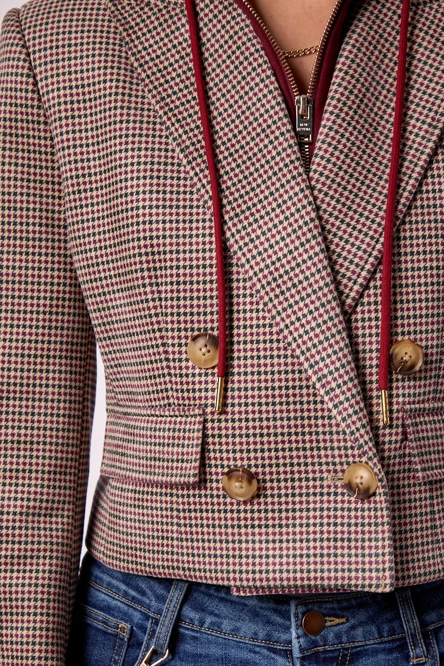 SKYE CROPPED BLAZER IN MAROON HOUNDSTOOTH