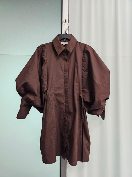 BIG PUFF MINI POPLIN DRESS (BROWN)