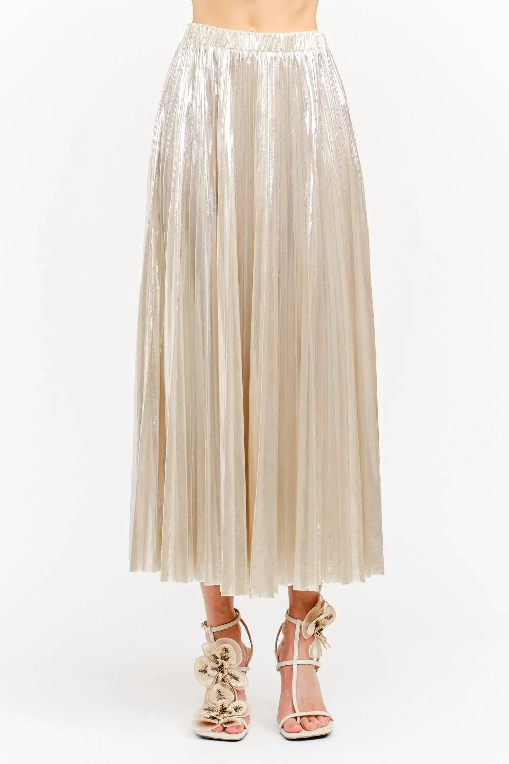 ALESSANDRA METALLIC CHAMPAGNE PLEATED MIDI SKIRT