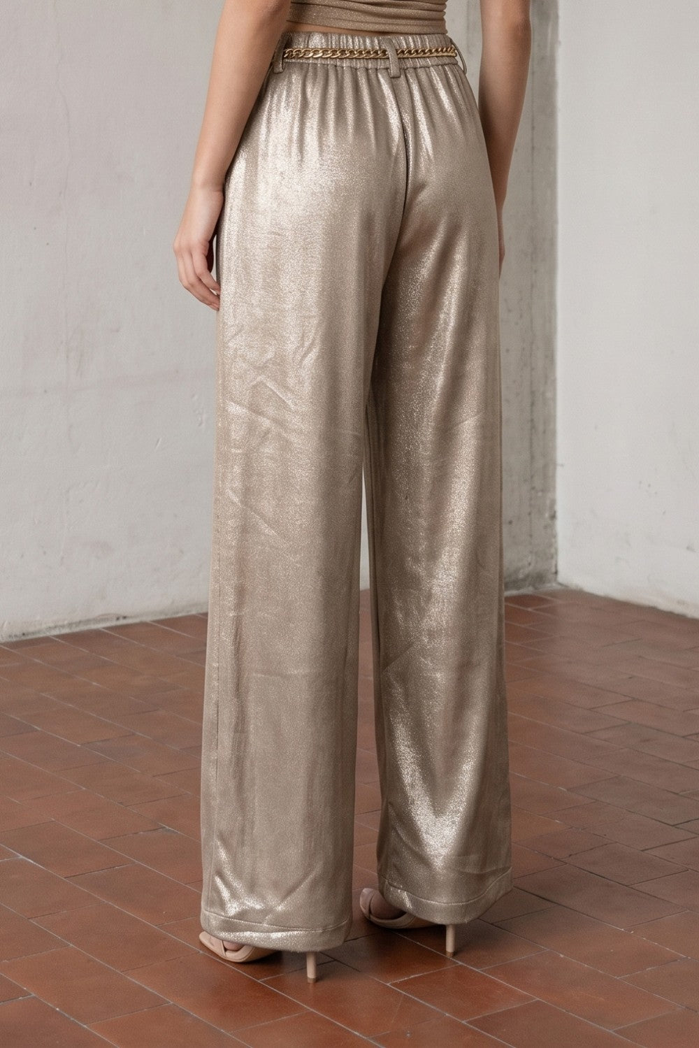 SHIMMER MOCHA SILVER FOILED SATIN PLEATED PANTS