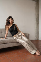 SHIMMER MOCHA SILVER FOILED SATIN PLEATED PANTS