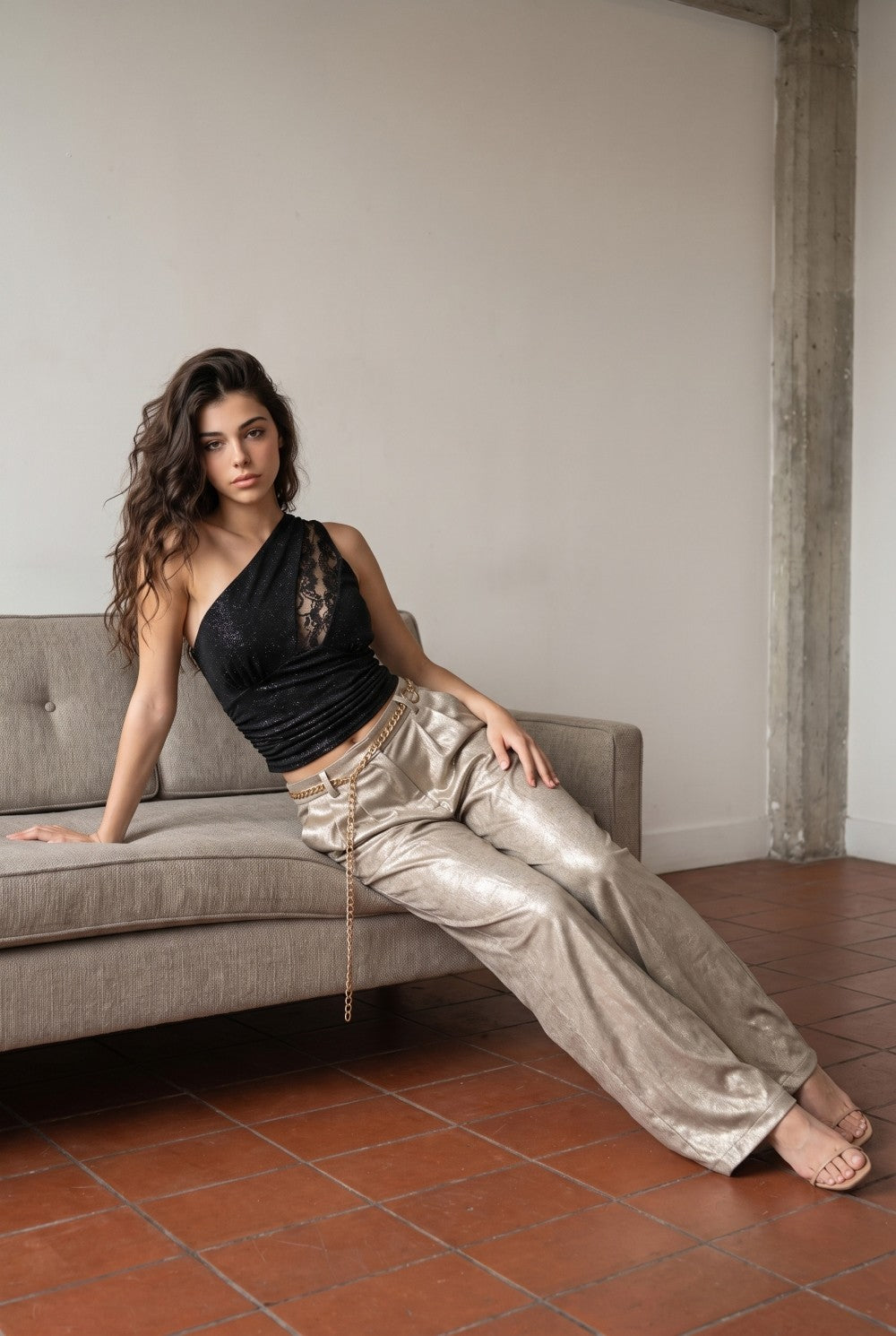 SHIMMER MOCHA SILVER FOILED SATIN PLEATED PANTS