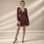 VNECK PLEATED LS MINI DRESS (WINE)
