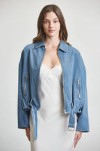 BUCKLED DENIM BOMBER JACKET