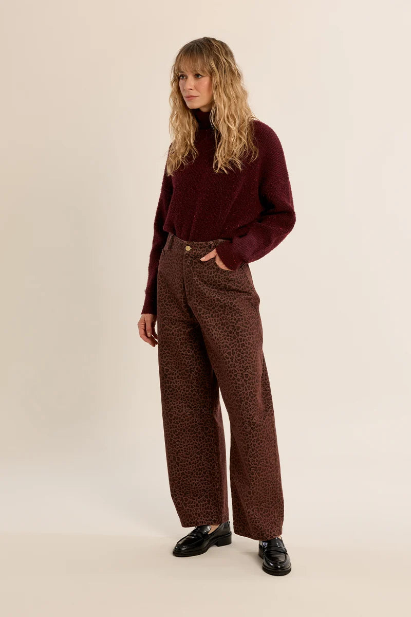 BROWN LEOPARD BARREL TROUSER PANT