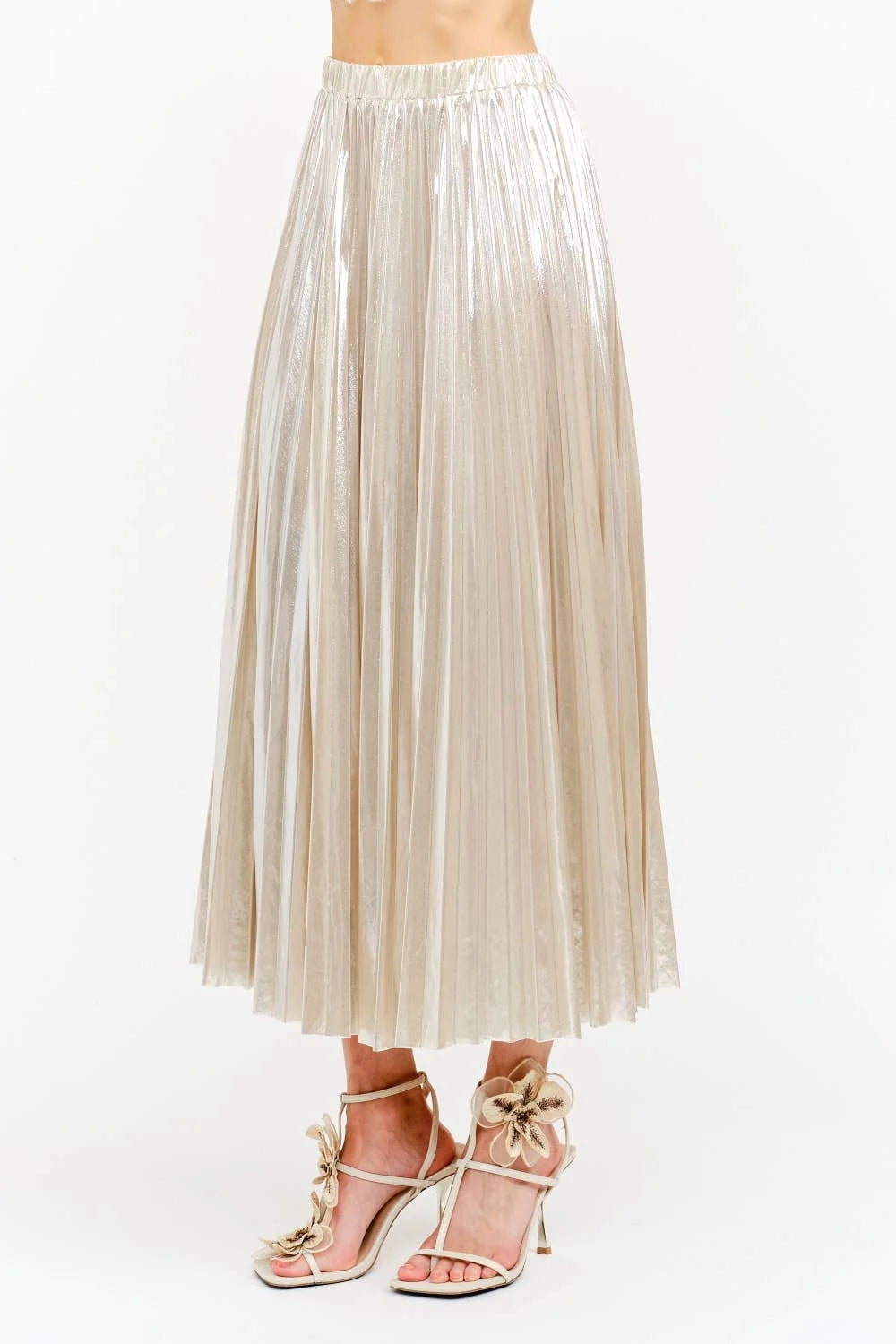 ALESSANDRA METALLIC CHAMPAGNE PLEATED MIDI SKIRT