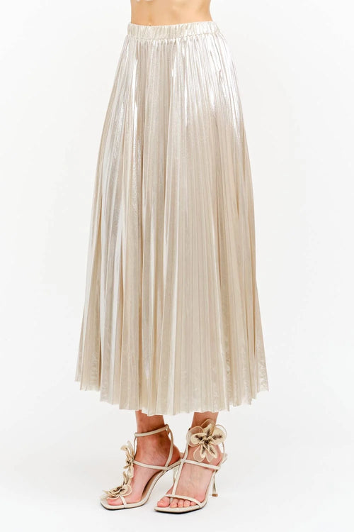 ALESSANDRA METALLIC CHAMPAGNE PLEATED MIDI SKIRT