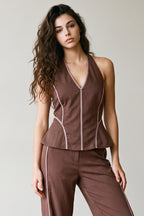ESPRESSO PIPING DETAIL HALTER PEPLUM TOP