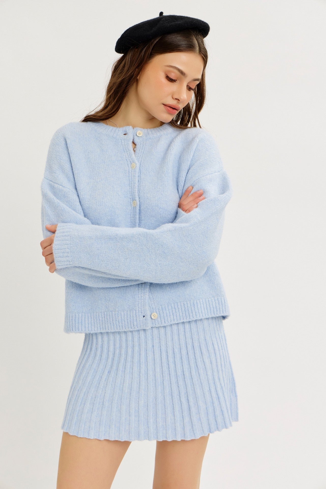 BABY BLU CLOUD CARDIGAN BUTTON DOWN W/ MINI PLEATED SKIRT