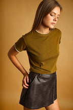 OLIVE/BEIGE 2K LAYERED SHORT SLEEVE TOP
