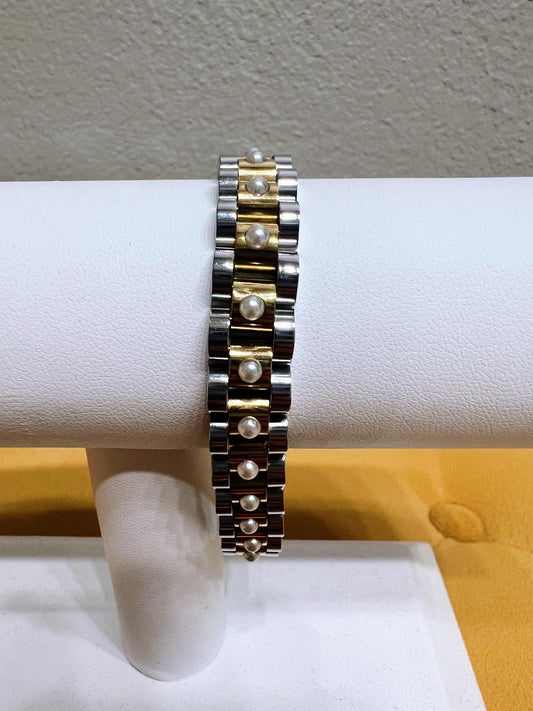 PEARL TWO TONED WATCH BAND BRACELET