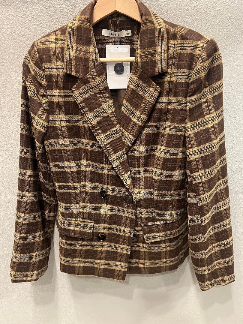 FALL BROWN PLAID BLAZER W/ SHOULDER PADS
